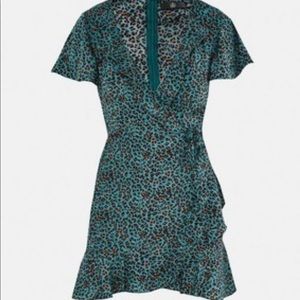 Missguided Blue Leopard Print Wrap Frill Tea Dress- size 0